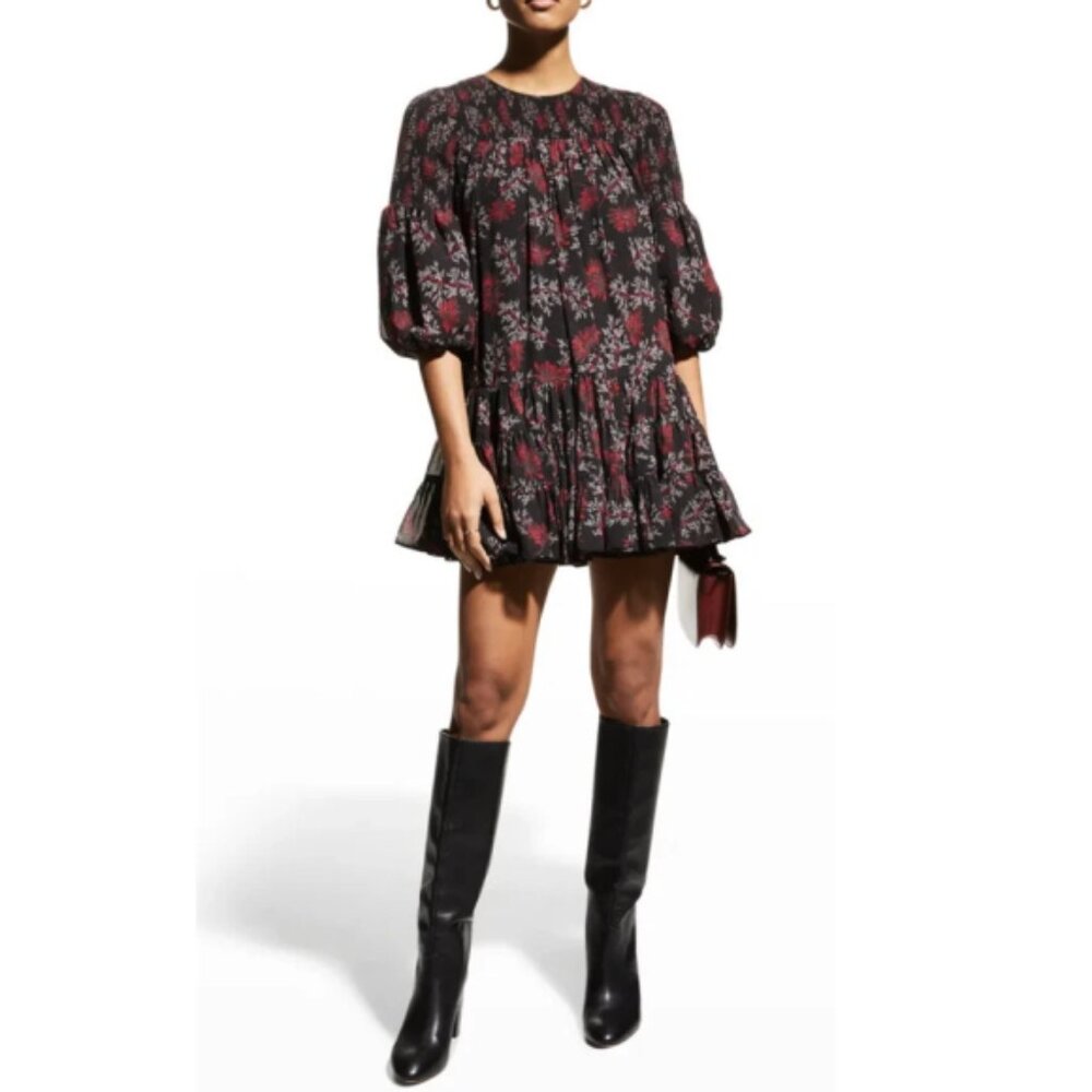 CINQ À SEPT 'Rika' Billowed-Sleeve Tiered Mini-Dress, Raspberry Multi - Picture 4 of 4